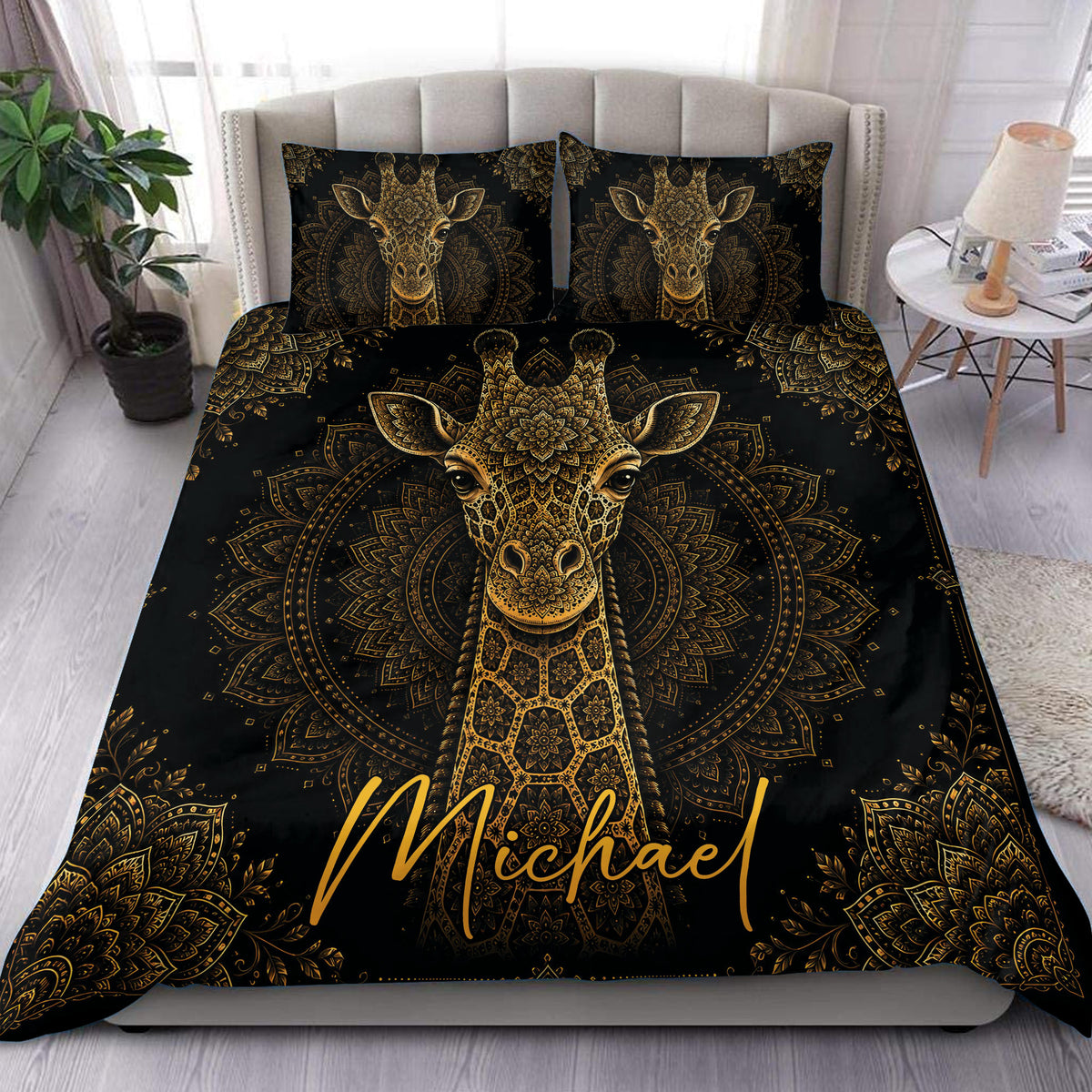 Black and gold giraffe duvet cover set displayed on a modern bed with matching patterned pillowcases