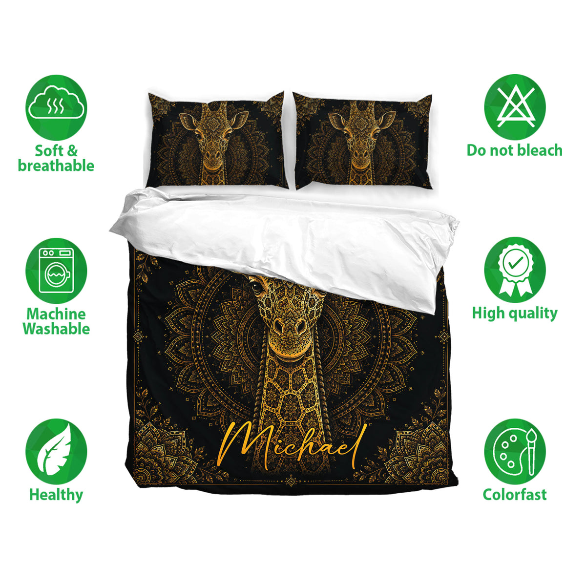 Black and gold giraffe bedding set shown with matching pillowcases and soft breathable fabric icons