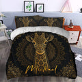 Black and gold mandala giraffe duvet cover styled in a contemporary bedroom with matching pillows