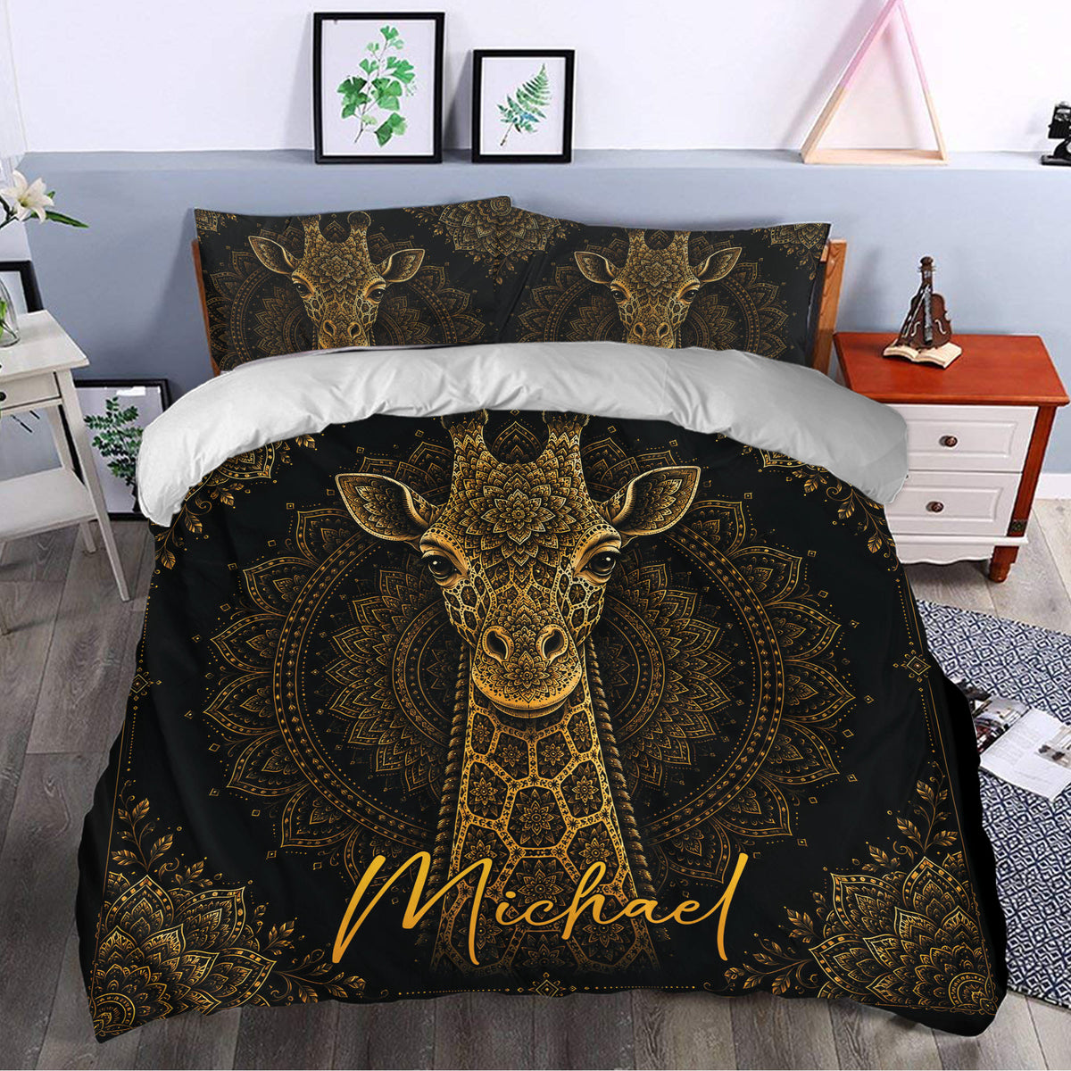 Black and gold mandala giraffe duvet cover styled in a contemporary bedroom with matching pillows