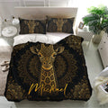 Ornate gold giraffe duvet cover bedding set presented in a bright bedroom with tropical plant decor
