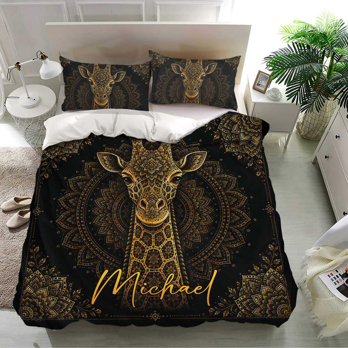 Ornate gold giraffe duvet cover bedding set presented in a bright bedroom with tropical plant decor