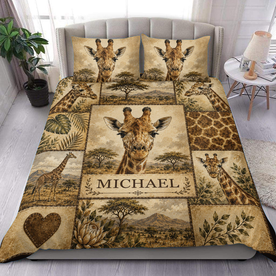 Giraffe duvet cover set displayed on a bed with safari artwork, acacia trees, foliage, and earthy tan tones