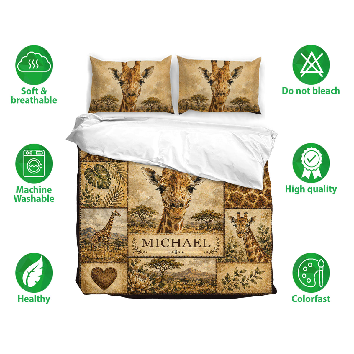 Giraffe duvet cover bedding set shown with matching pillowcases and a detailed safari landscape design