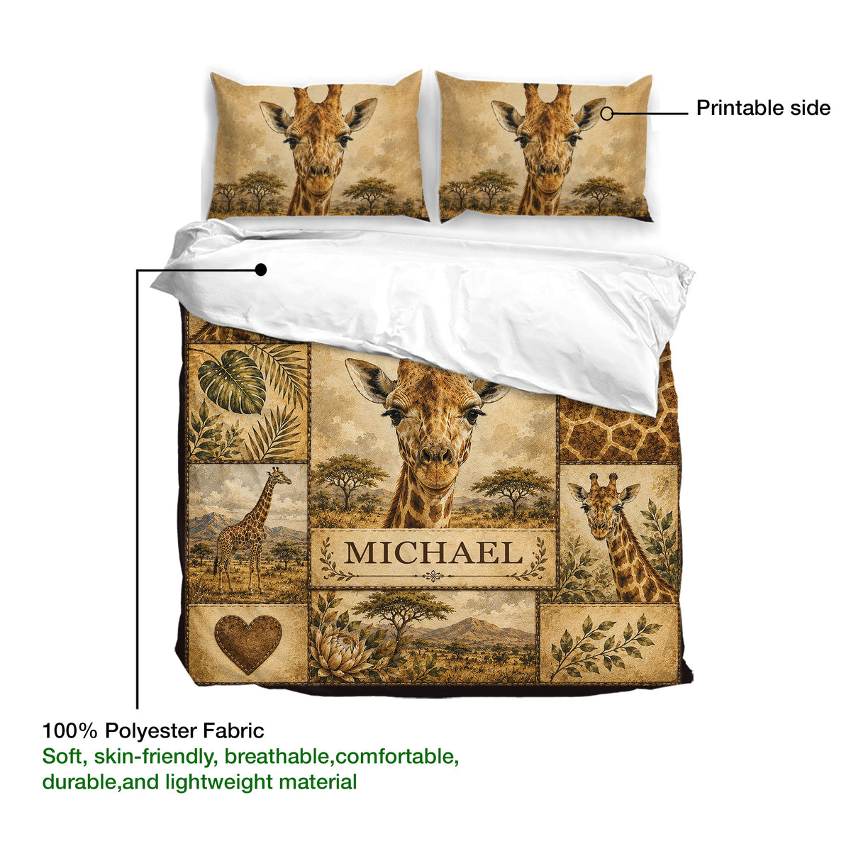 Giraffe duvet cover and matching pillowcases shown with a soft neutral safari print and breathable fabric detail
