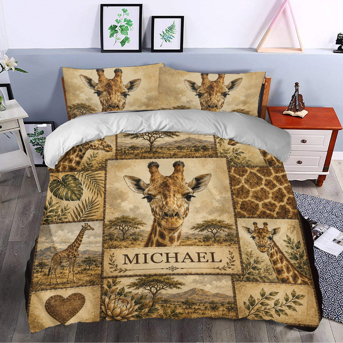 Giraffe duvet cover bedding styled in a modern bedroom with wildlife portraits, plants, and warm earthy colors