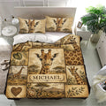 Giraffe bedding set displayed in a bright bedroom with matching pillows, safari scenery, leaves, and animal artwork