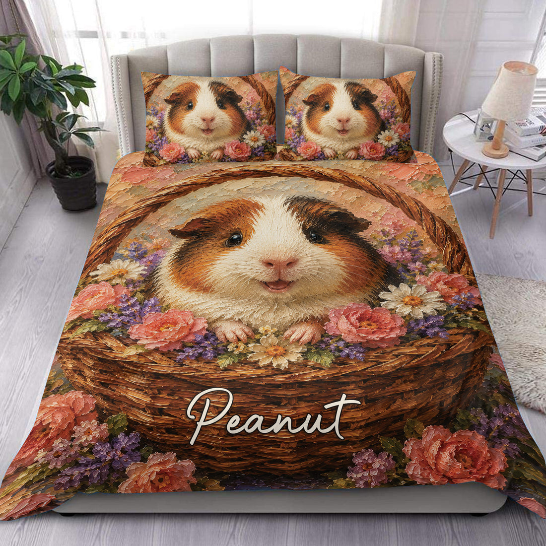 Guinea pig duvet cover set displayed on a bed with floral artwork in warm brown, pink, purple, and cream tones