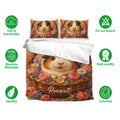 Guinea pig bedding set shown with matching floral pillowcases and a colorful woven nest design