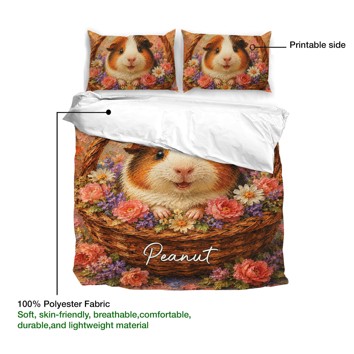 Guinea pig duvet cover with matching floral pillowcases, printable artwork, and soft lightweight fabric details
