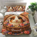 Guinea pig bedding set displayed in a bright bedroom with matching pillowcases and colorful floral artwork