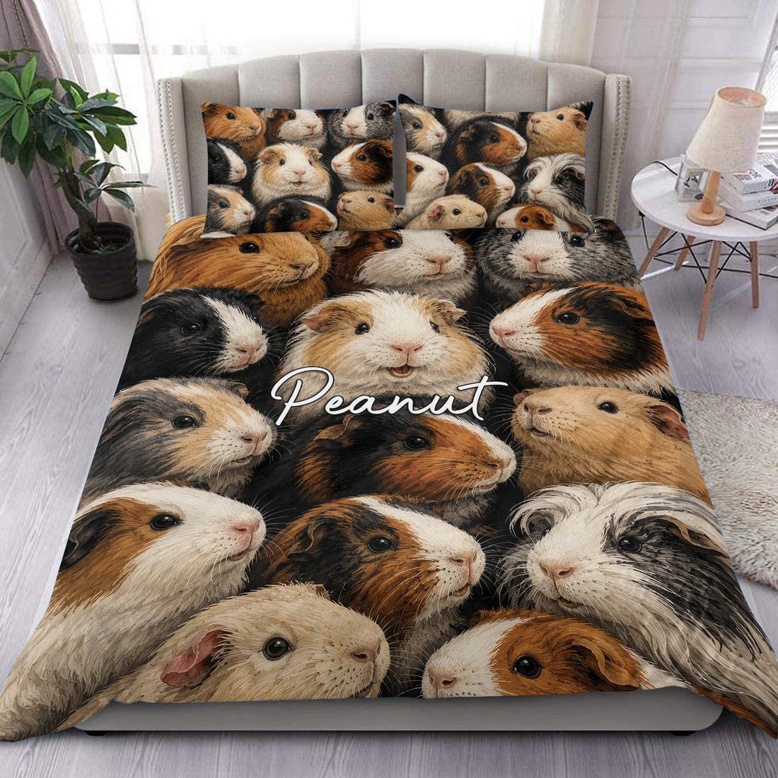 Guinea pig duvet cover set displayed on a modern bed with colorful multicolor pet artwork