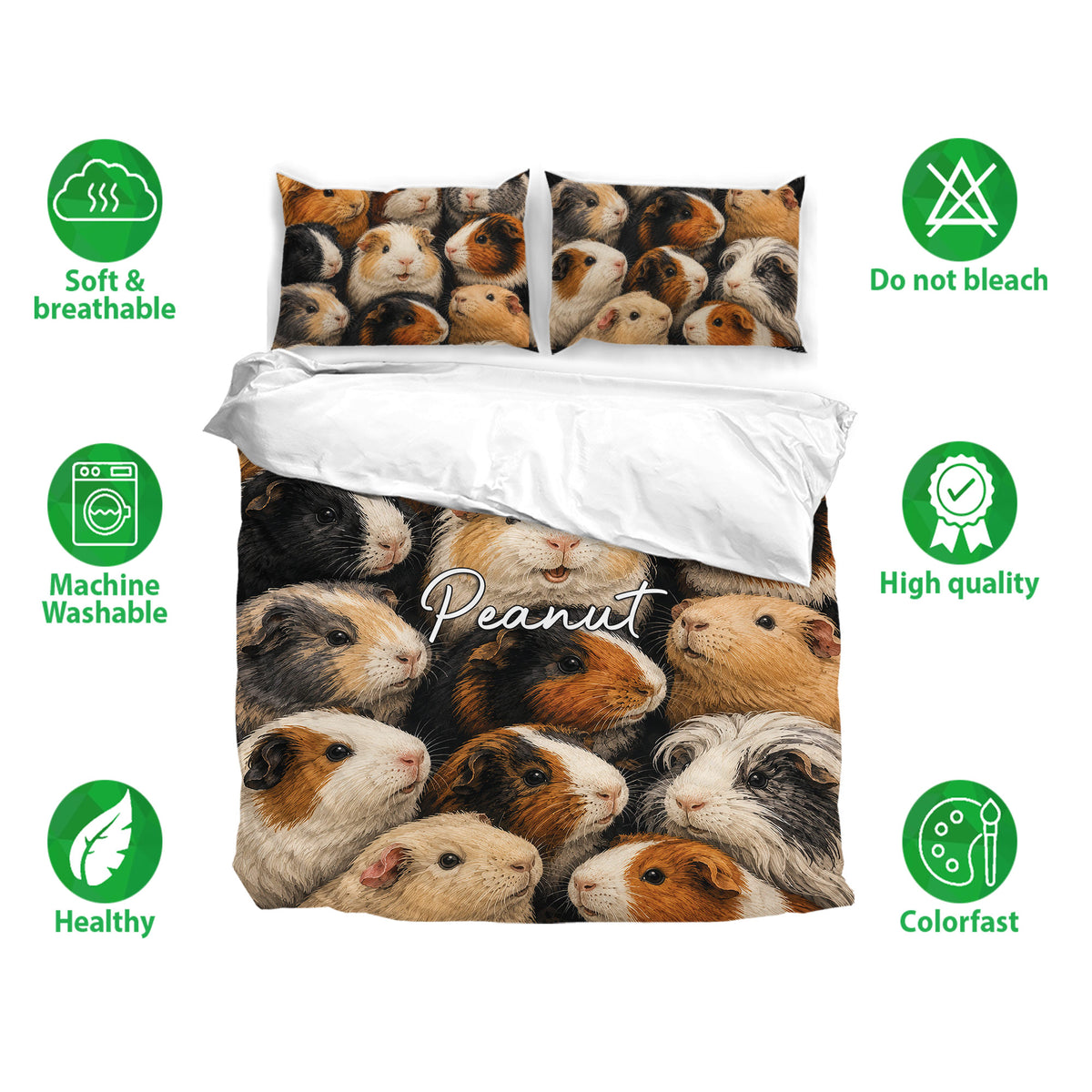 Guinea pig bedding set with matching pillowcases and a lively multicolor animal collage