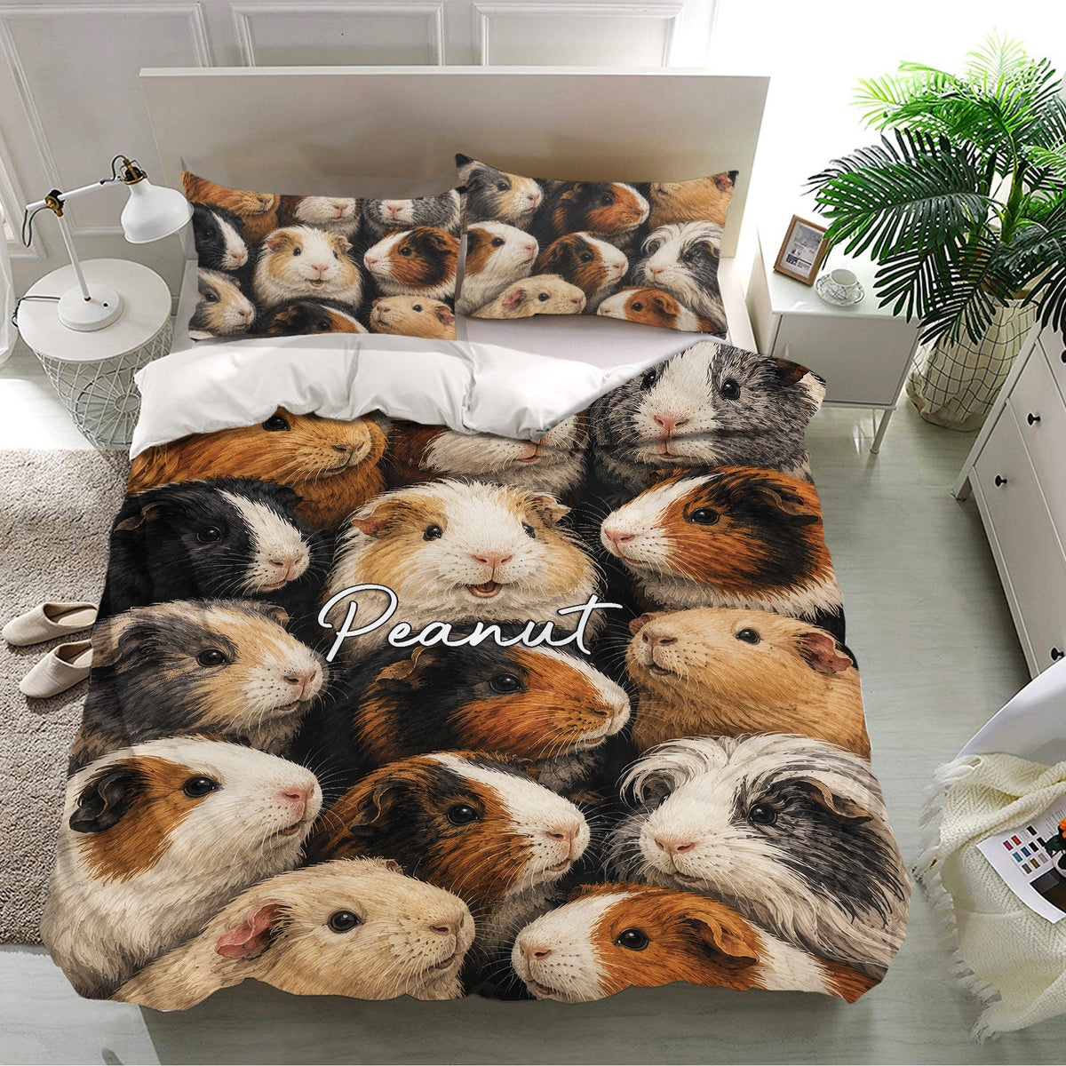 Guinea pig bedding set displayed in a contemporary bedroom with playful pet artwork