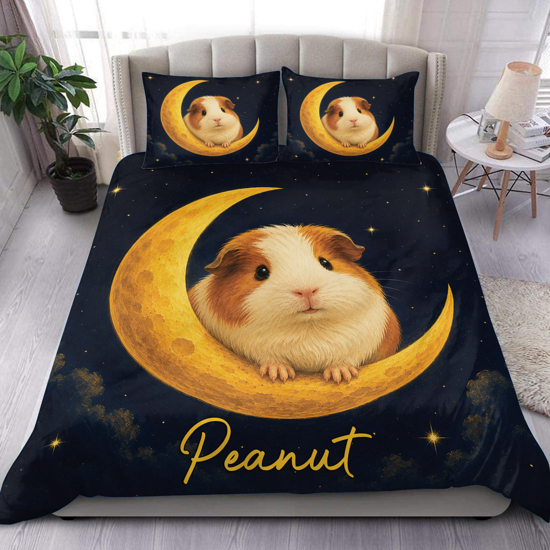 Guinea pig duvet cover set with a large guinea pig resting on a golden crescent moon beneath a starry sky