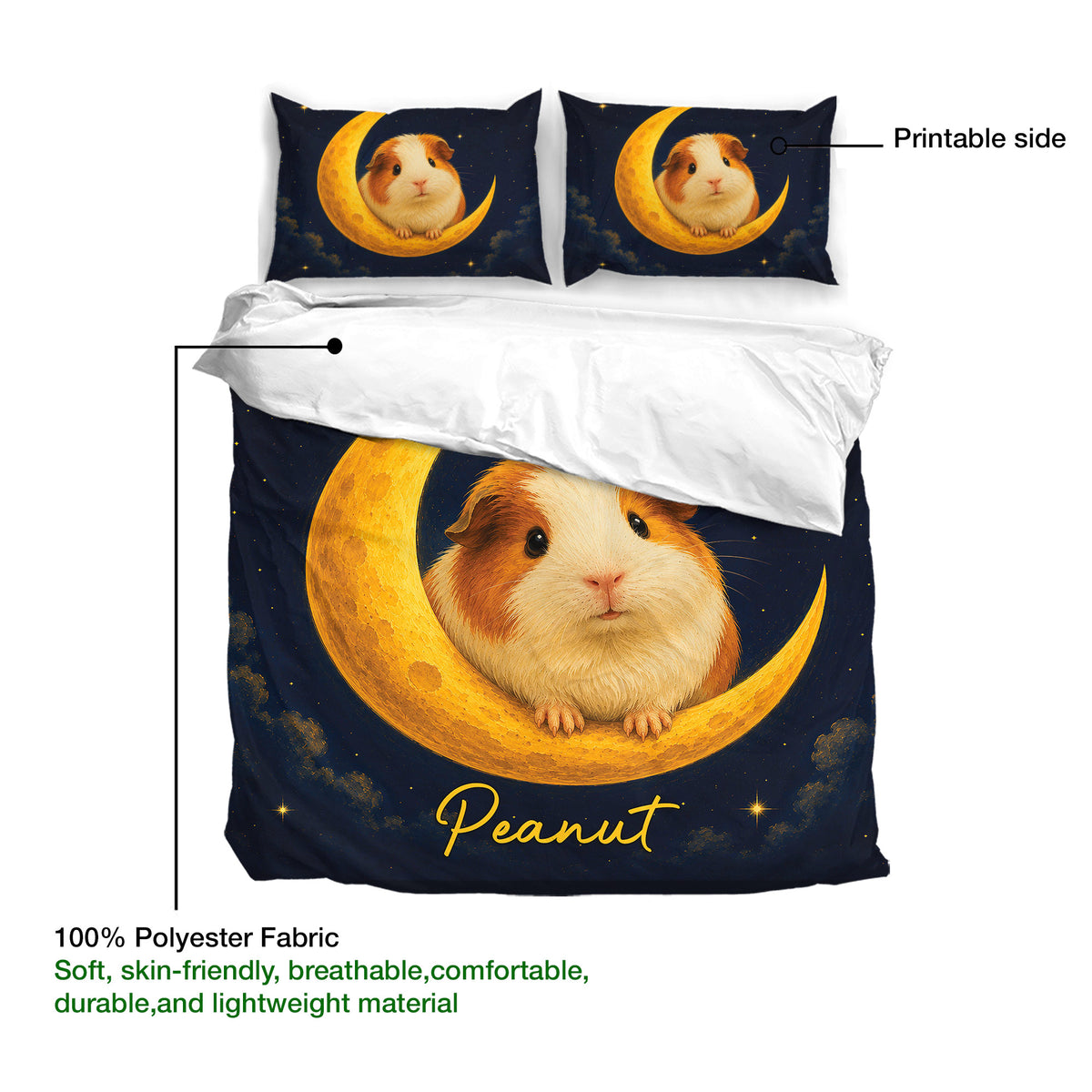 Guinea pig duvet cover detail showing the printed moon, starry night artwork, and soft lightweight fabric