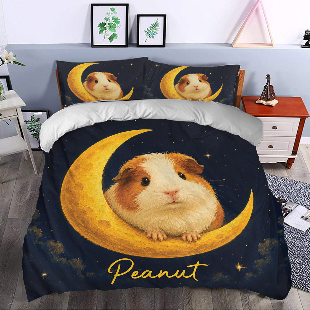 Guinea pig duvet cover styled in a bedroom with a large golden moon and starry night artwork