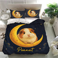 Guinea pig bedding set displayed in a bright bedroom with matching moon and star themed pillowcases