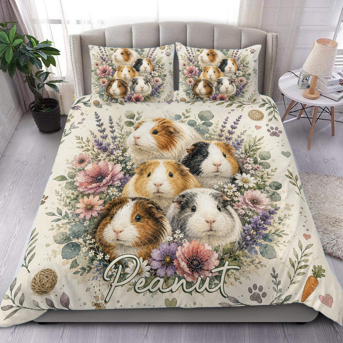 Guinea pig duvet cover set with floral artwork, botanical details, and matching pillowcases in a bright bedroom