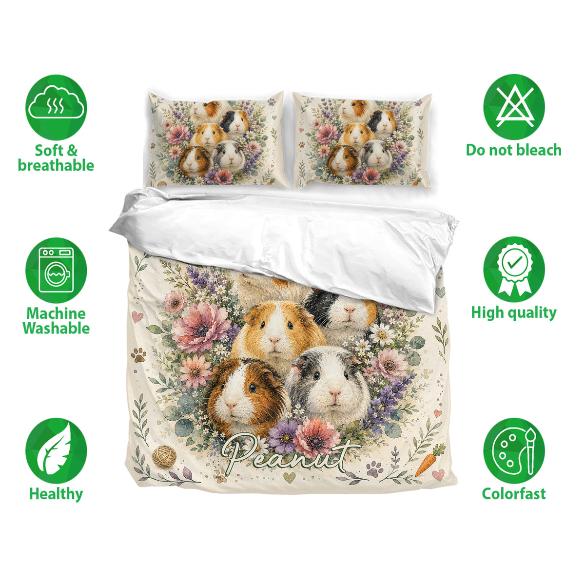 Guinea pig bedding set displayed with floral artwork, matching pillowcases, and care feature icons