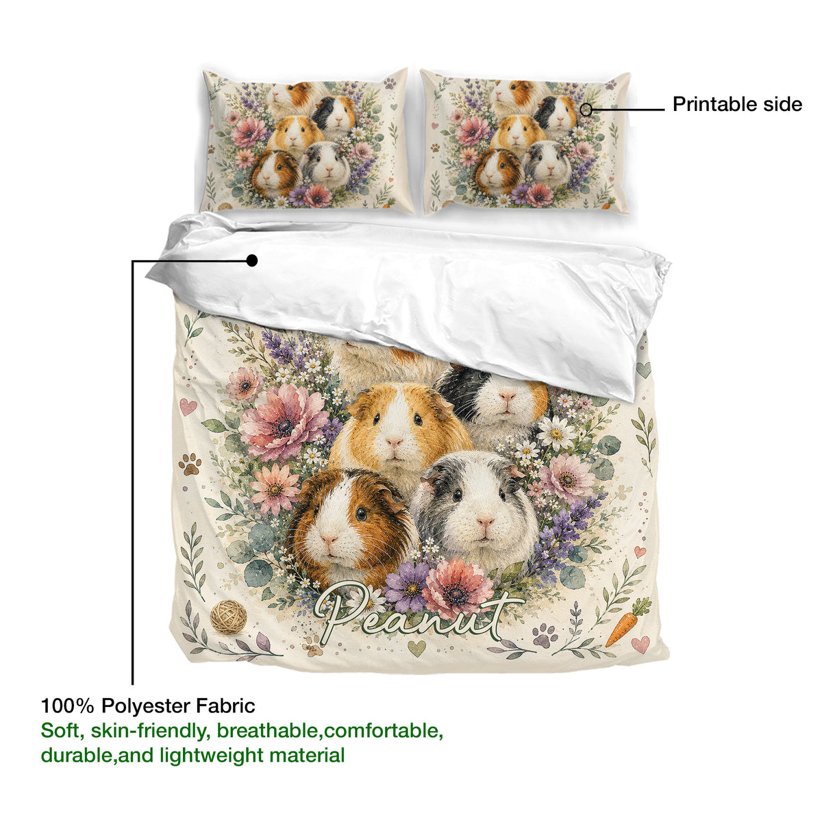 Guinea pig duvet cover with illustrated floral artwork, matching pillowcases, and printable fabric detail