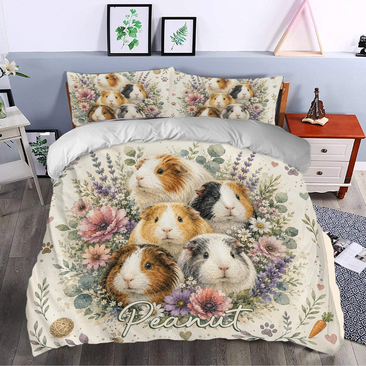 Guinea pig duvet cover bedding displayed in a modern bedroom with flowers, leaves, and soft neutral colors