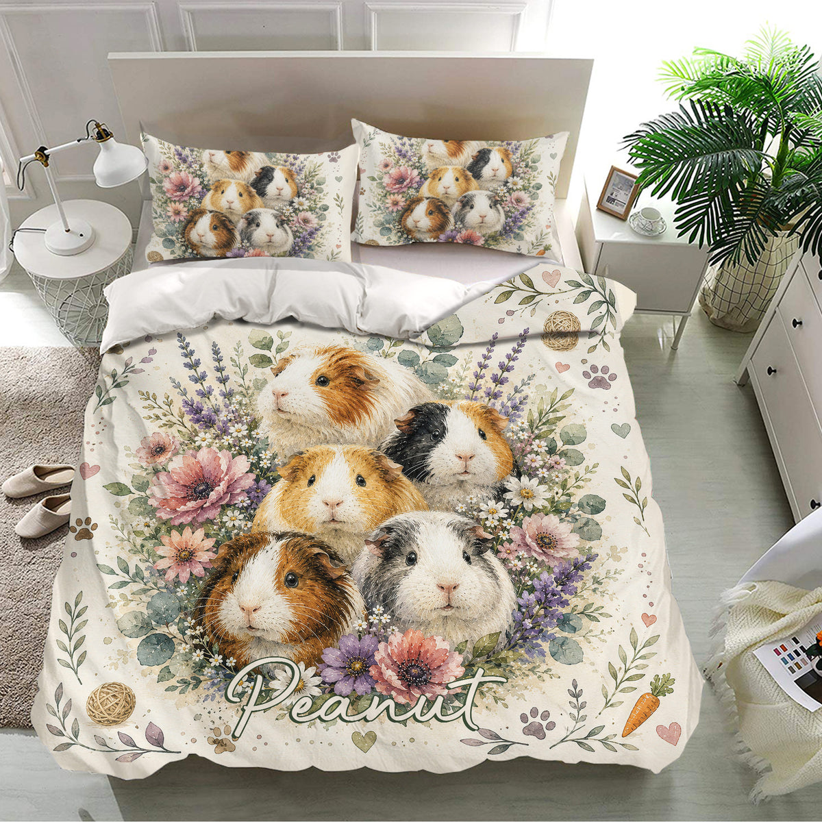 Floral guinea pig bedding set styled in a bright bedroom with matching pillowcases and botanical artwork