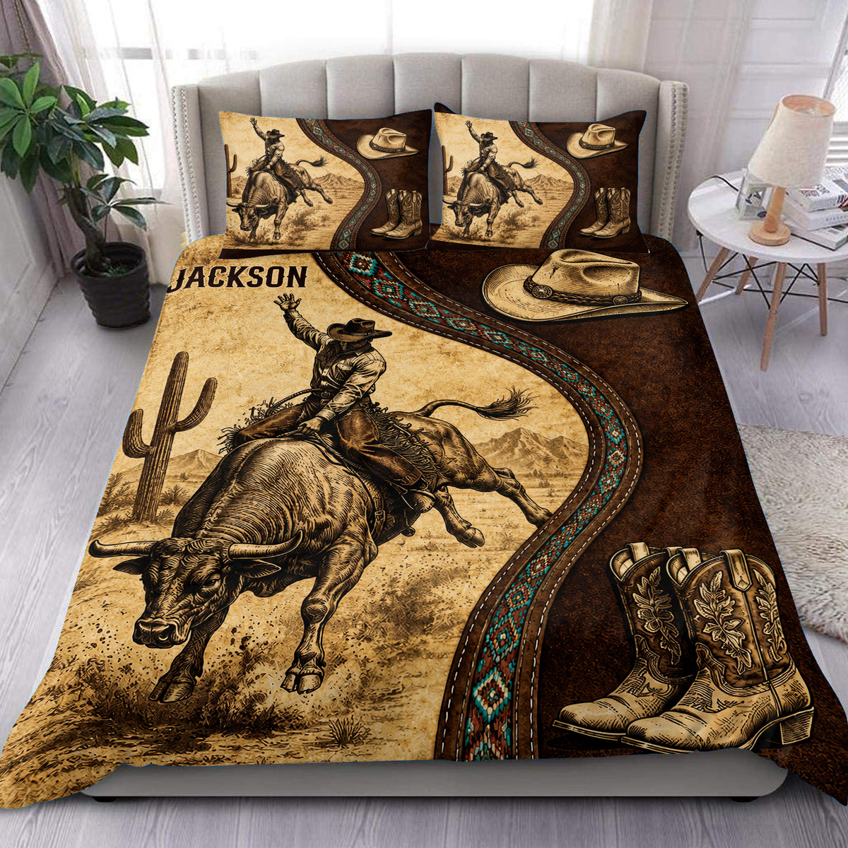 Rodeo duvet cover set displayed on a bed with bull rider artwork, cowboy hats, boots, and western desert scenery