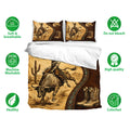 Rodeo duvet cover bedding set with bull riding artwork, matching pillowcases, soft breathable fabric, and care icons
