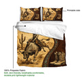 Rodeo duvet cover set showing the printable western design with a bull rider, desert landscape, and cowboy boots
