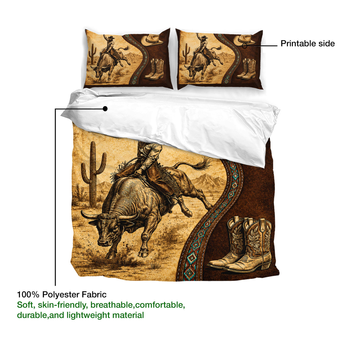 Rodeo duvet cover set showing the printable western design with a bull rider, desert landscape, and cowboy boots