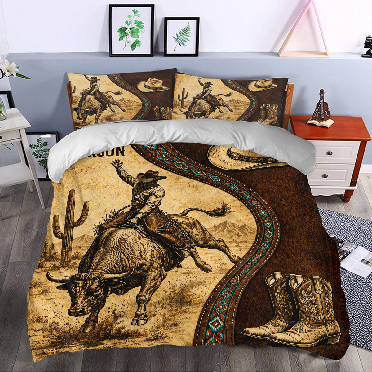 Rodeo duvet cover bedding set styled in a bedroom with bull riding artwork, turquoise accents, hats, and western boots