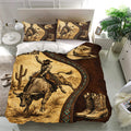 Western rodeo duvet cover set displayed in a bright bedroom with bull rider, cactus, cowboy hat, and boot artwork