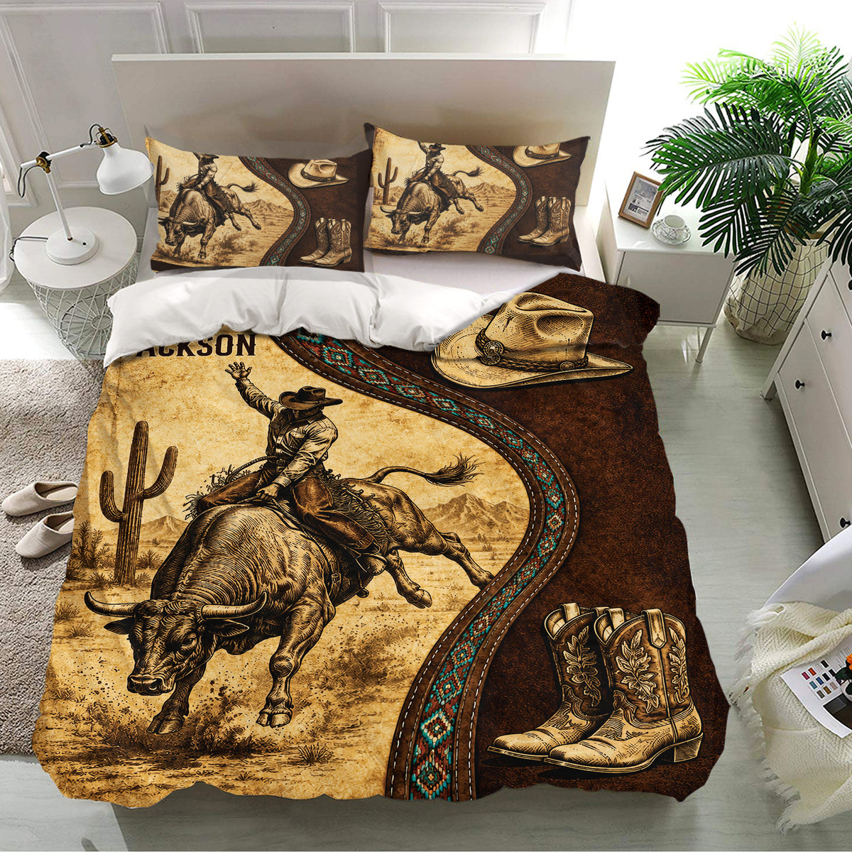 Western rodeo duvet cover set displayed in a bright bedroom with bull rider, cactus, cowboy hat, and boot artwork