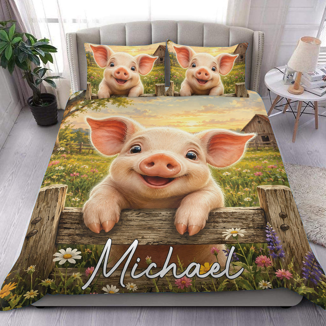 Pig duvet cover set displayed on a bed with a smiling pig, wildflowers, fence, and rustic farm scene