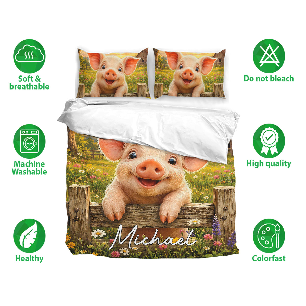 Pig bedding set with matching pillowcases, smiling farm pig artwork, and soft breathable fabric features