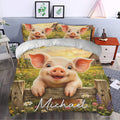 Pig duvet cover styled in a bedroom with matching pillows, colorful wildflowers, and farmhouse artwork