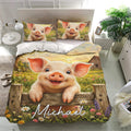 Farm pig duvet cover set displayed in a bright bedroom with matching pillowcases and rustic floral scenery