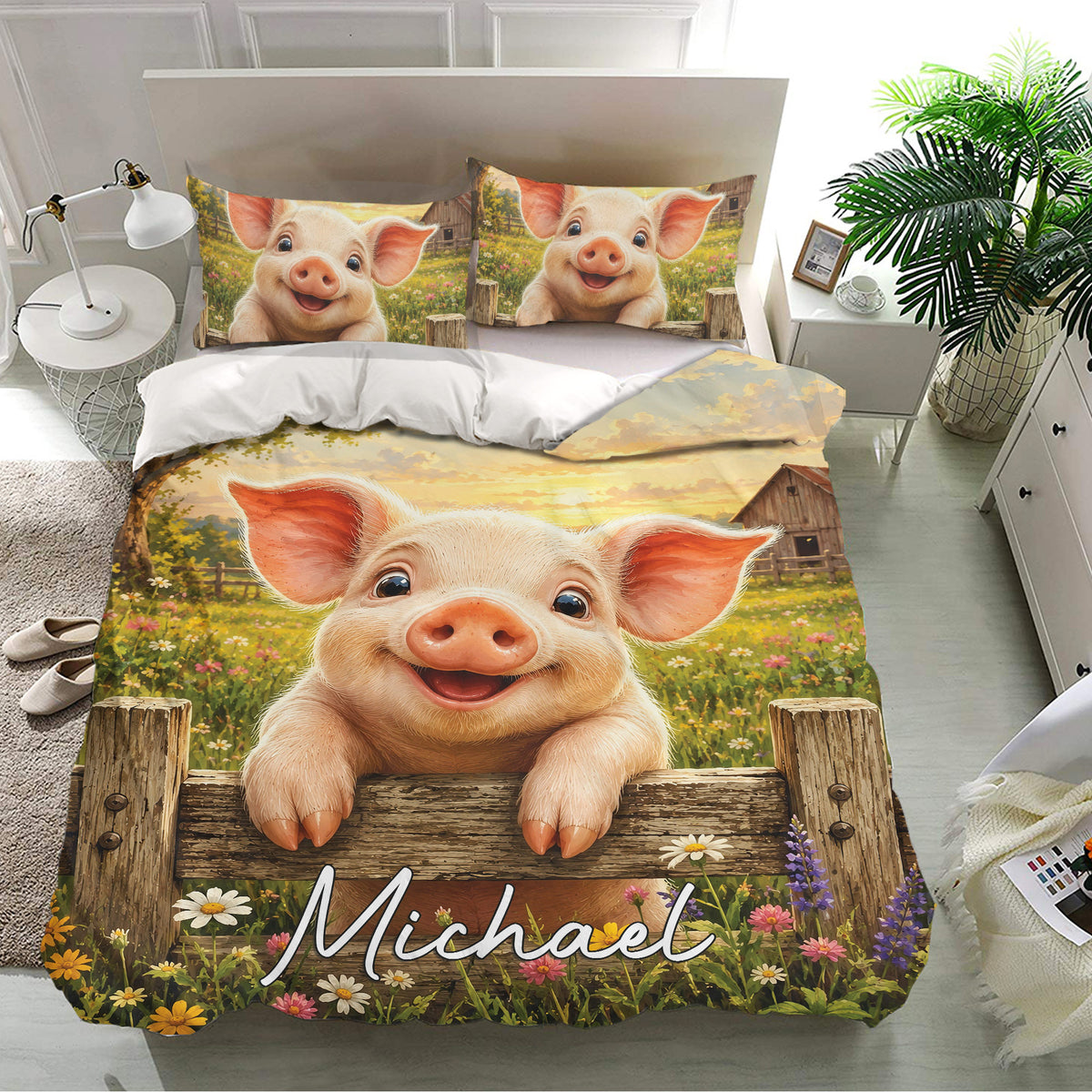 Farm pig duvet cover set displayed in a bright bedroom with matching pillowcases and rustic floral scenery