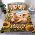 Pig duvet cover set with a cheerful piglet in a wooden barrel surrounded by bright sunflowers