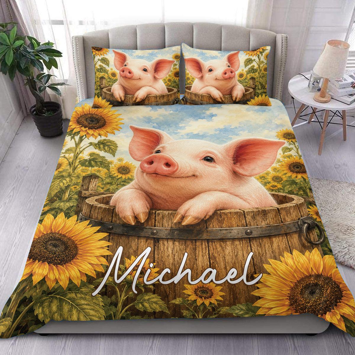 Pig duvet cover set with a cheerful piglet in a wooden barrel surrounded by bright sunflowers