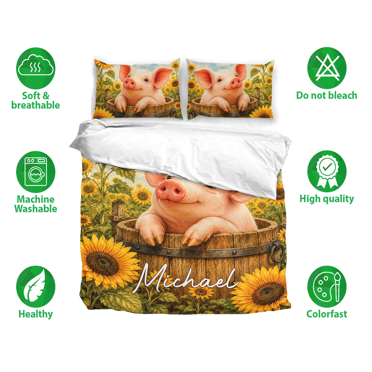 Pig bedding set displayed with matching piglet pillowcases, sunflower artwork, and breathable fabric icons
