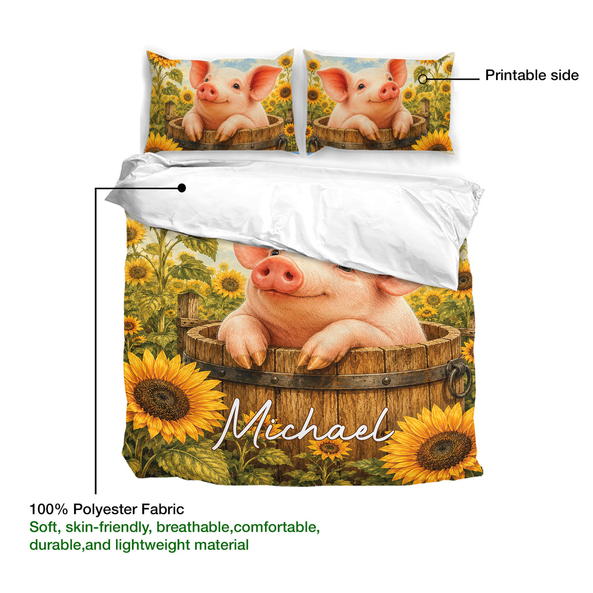 Pig duvet cover bedding set showing the printed side, soft fabric, and sunflower farm artwork