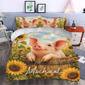 Pig duvet cover styled in a bedroom with smiling piglets, sunflower fields, and rustic farm decor