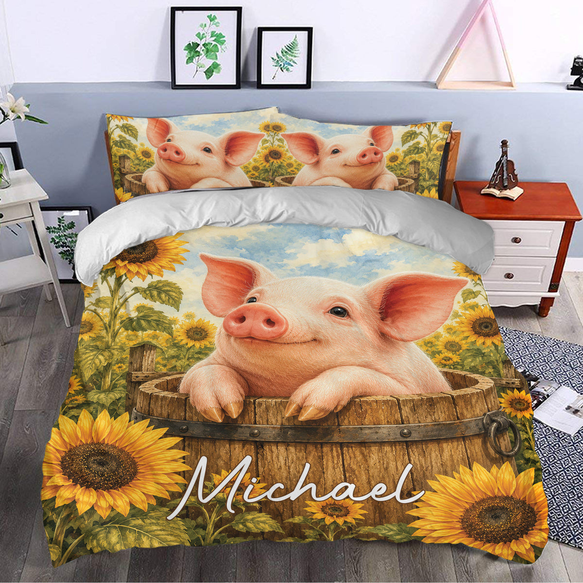Pig duvet cover styled in a bedroom with smiling piglets, sunflower fields, and rustic farm decor