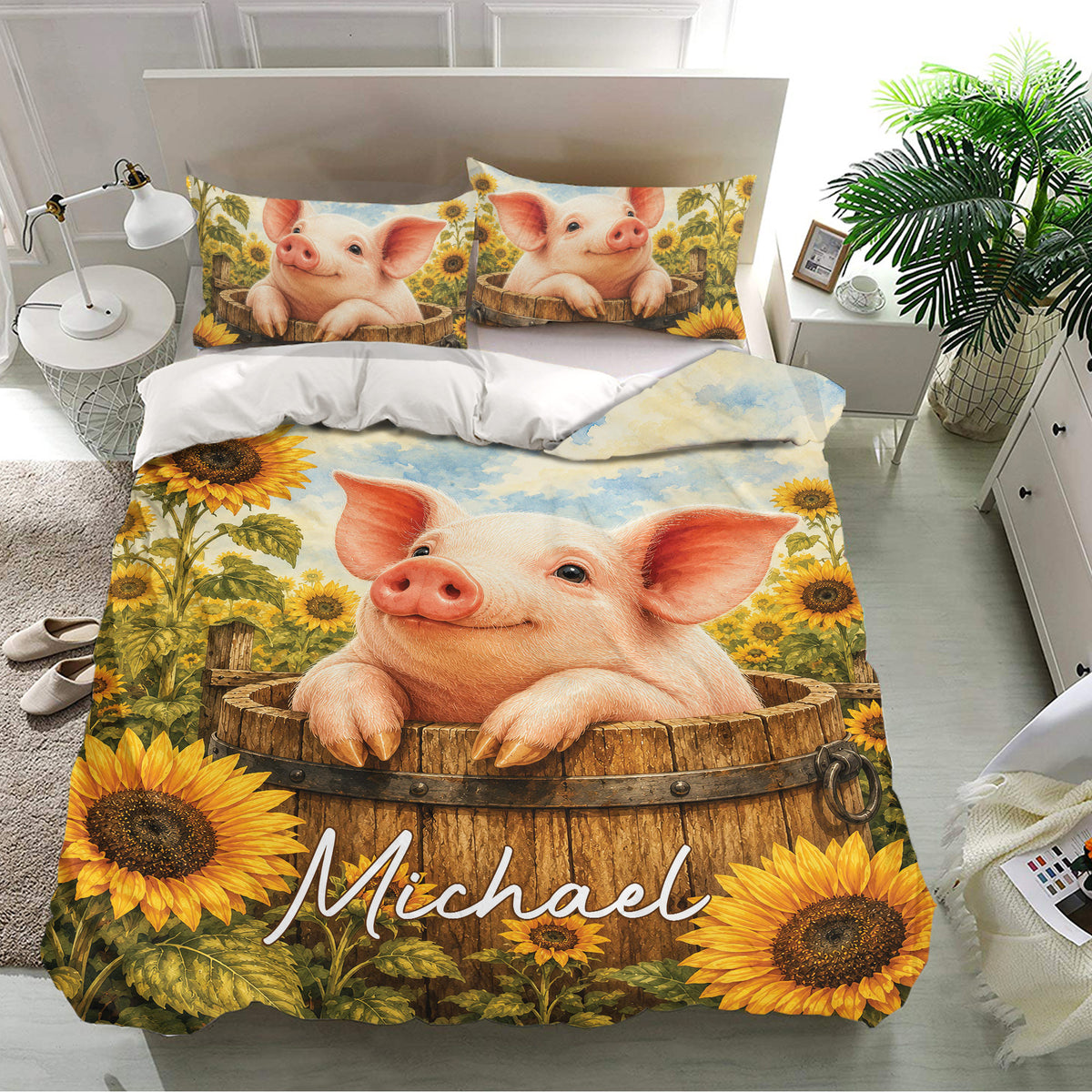 Pig bedding set presented in a bright bedroom with piglet pillowcases and colorful sunflower artwork