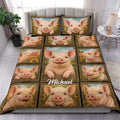 Pig duvet cover set displayed on a bed with framed portraits and sunflower accents