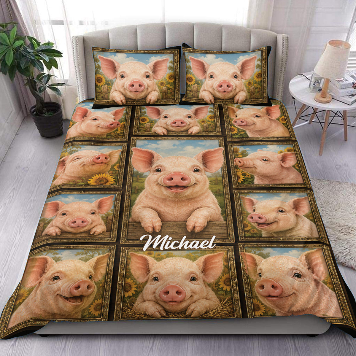 Pig duvet cover set displayed on a bed with framed portraits and sunflower accents