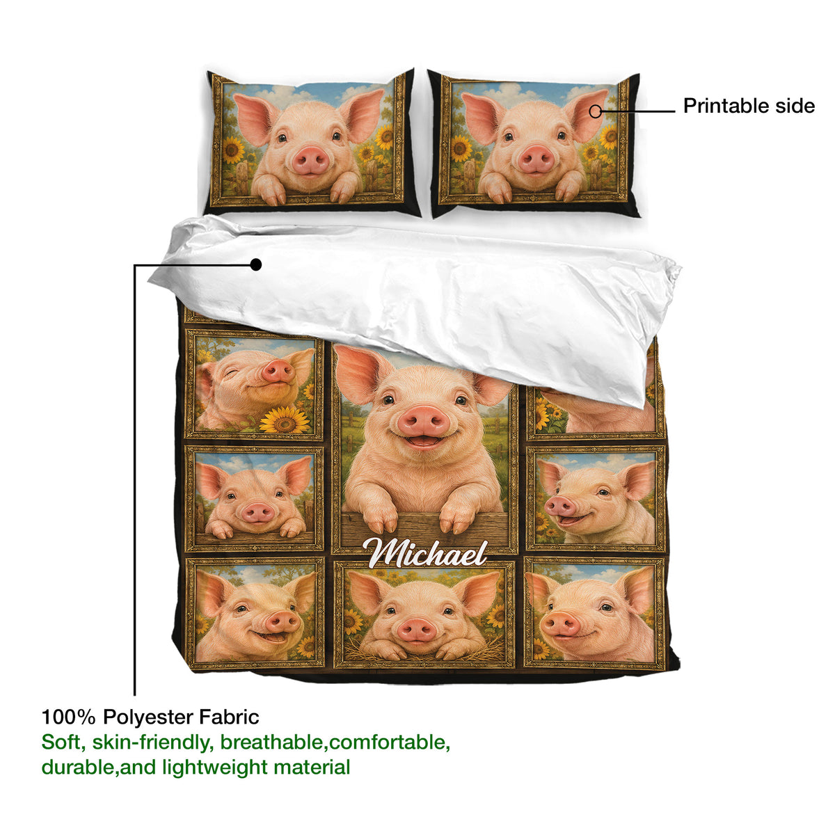 Pig duvet cover set product guide showing printable side and polyester fabric detail
