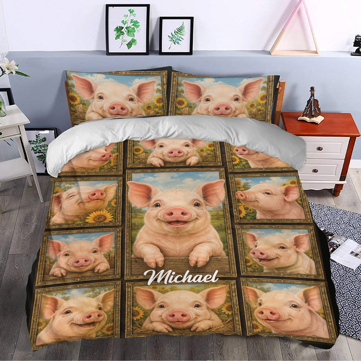 Pig duvet cover bedding set styled in a bedroom with playful framed pig artwork